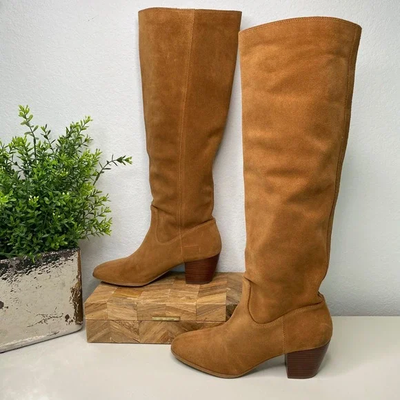 Michael Kors Avery Knee High Suede Leather Boots Stacked Heel Acorn Size 6-6.5 - Picture 2 of 14
